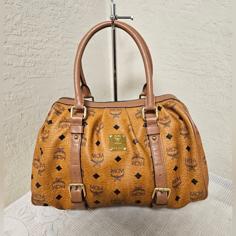 MCM Cognac Monogram Medium Handbag Satchel AUTHENTIC